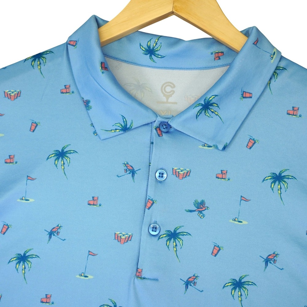 Caddy Cart Golf Polo Mens XL Blue Palm Tree Parrot Beer Pong Performance Shirt